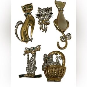 Brooch Lot Five Cats All Signed BUTLER Excellent Condition Gold Plated Crystals